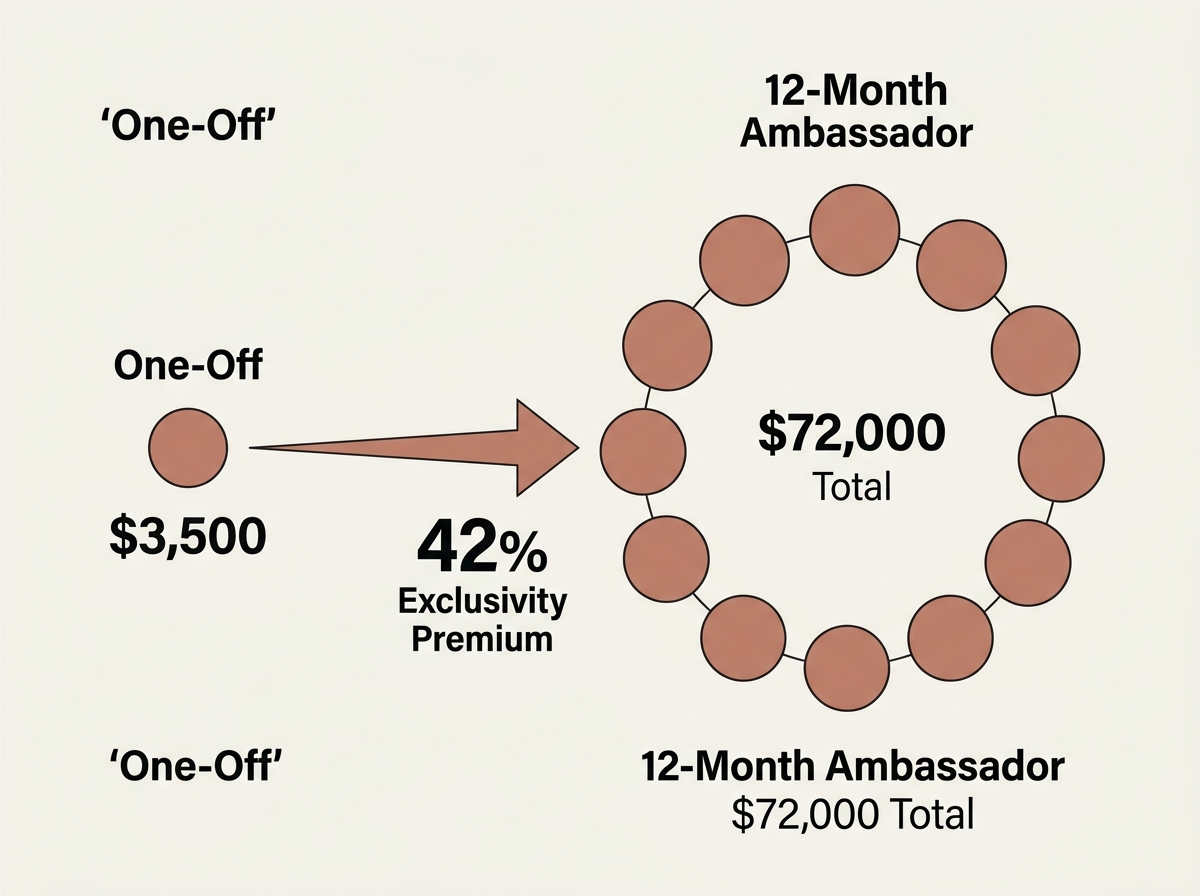 Infographic comparing one-off creator rates to long-term exclusivity contract values.