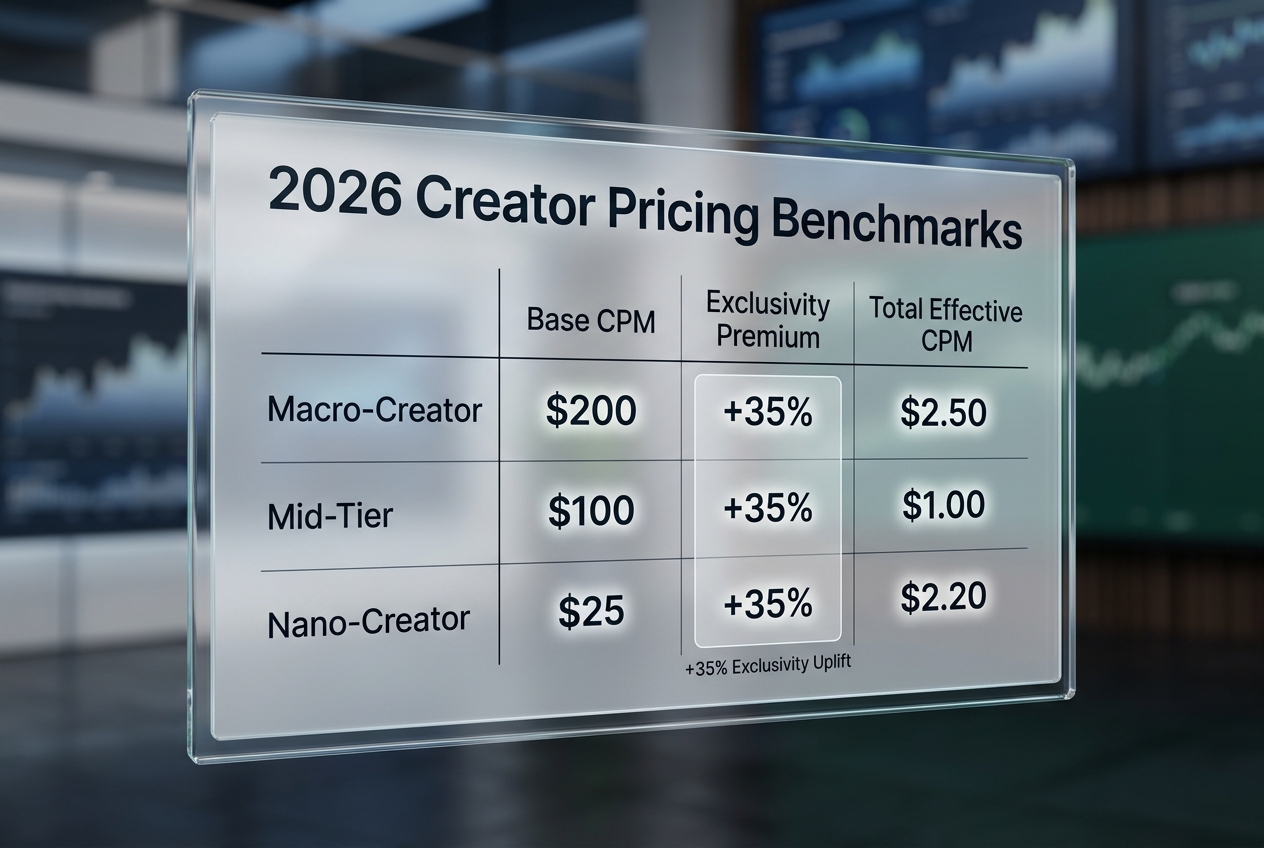 A data table showing 2026 pricing benchmarks for different creator tiers including exclusivity premiums.