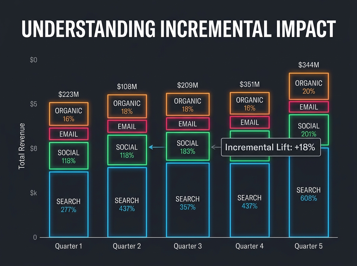 A Media Mix Model chart showing the specific revenue contribution of social media compared to other channels.