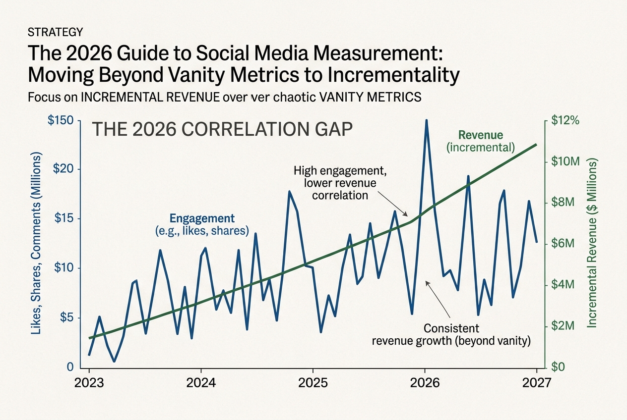 A line chart showing that social media engagement and revenue no longer correlate directly.