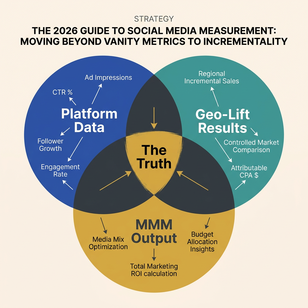 A Venn diagram illustrating the triangulation method for verifying social media ROI.
