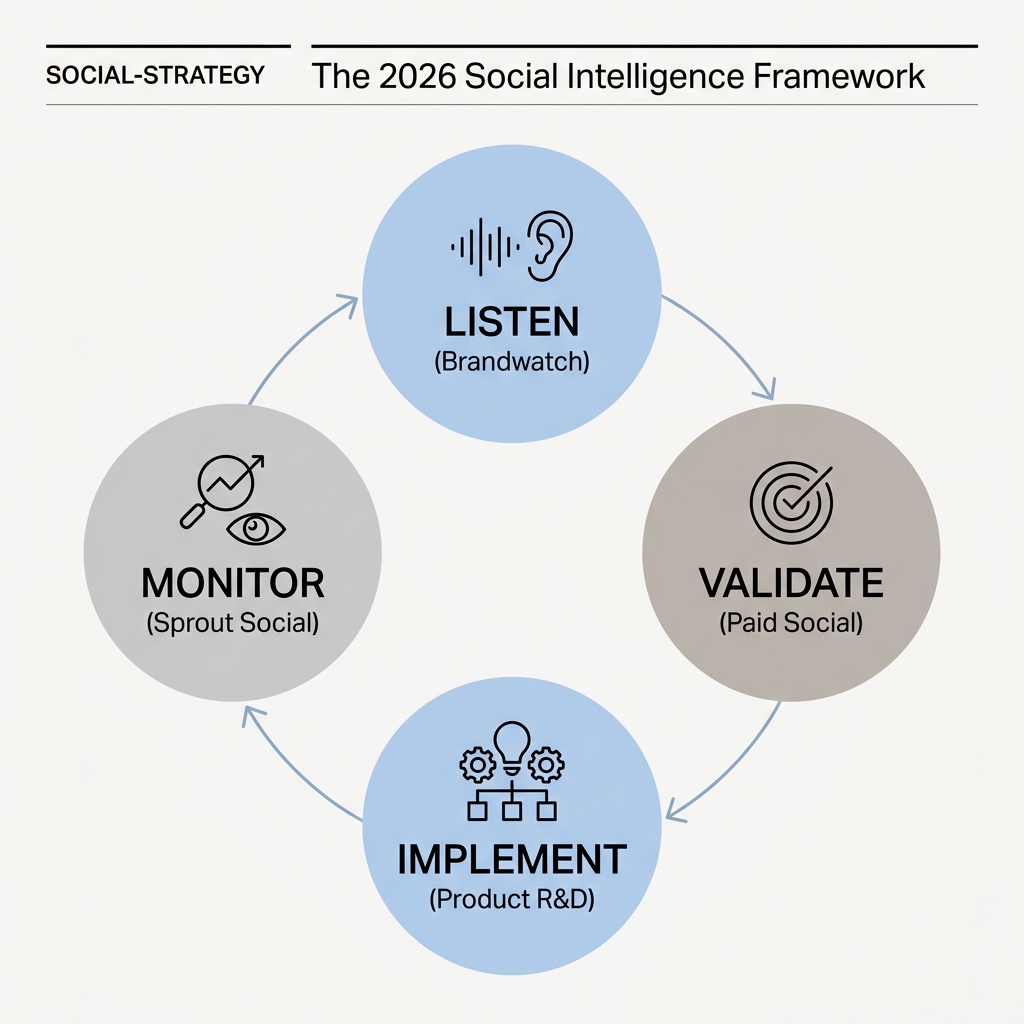A diagram showing the feedback loop between social listening, paid social testing, and product development.