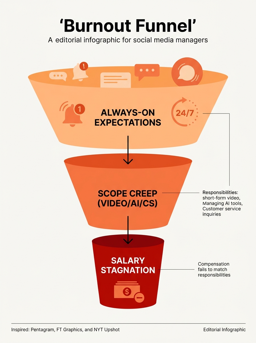 A diagram illustrating the factors contributing to social media manager burnout.