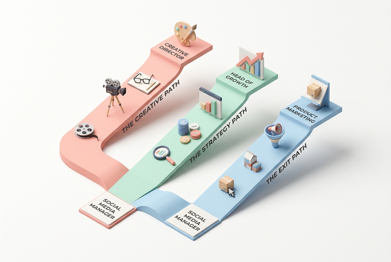 Isometric chart showing different career progression paths for social media professionals.