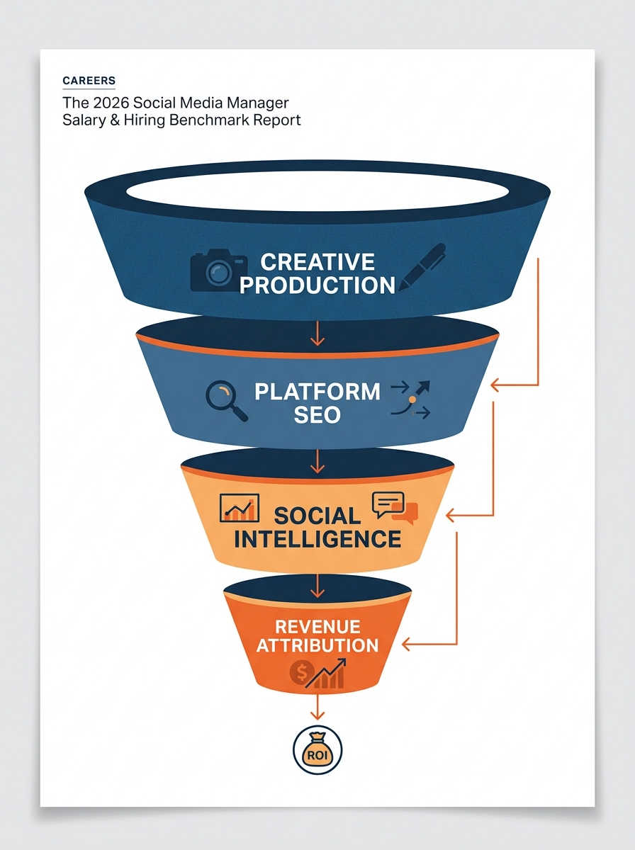 An infographic funnel showing the progression of skills from creative production to revenue attribution for social media managers.