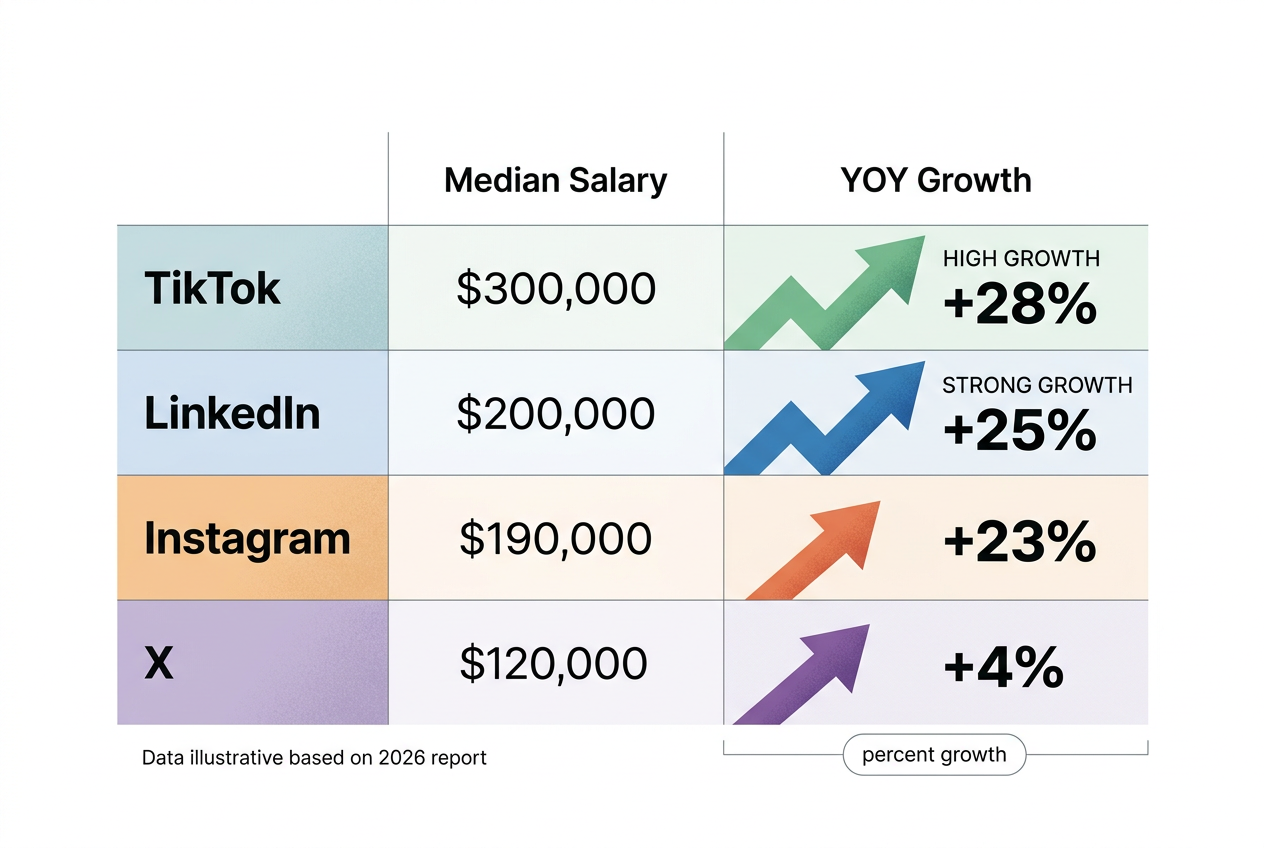 A data table comparing median salaries and year-over-year growth across TikTok, LinkedIn, and Instagram.