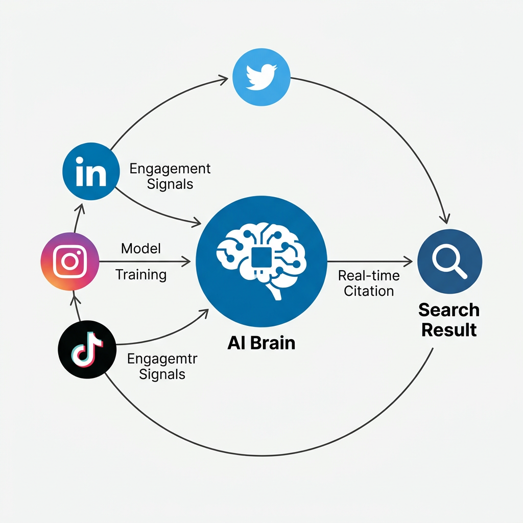 An infographic showing the loop between social media engagement and AI search citations.