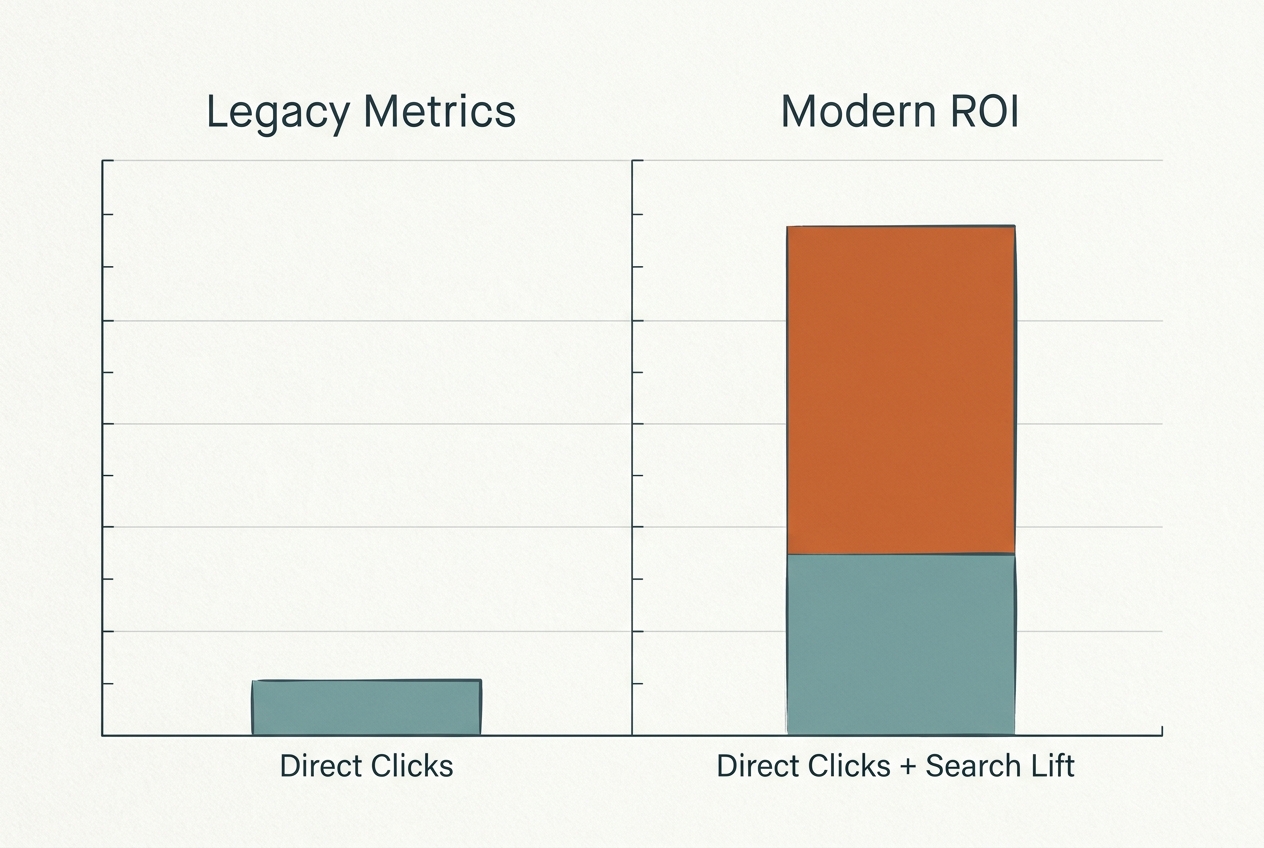 A chart comparing traditional direct click attribution with modern search lift measurement.
