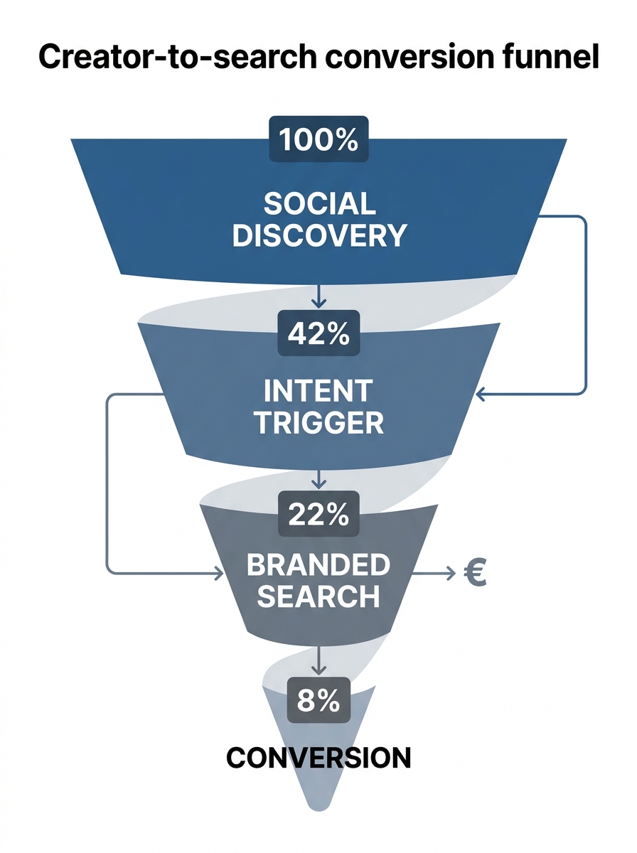 An infographic showing the funnel from social media discovery to branded search conversion.