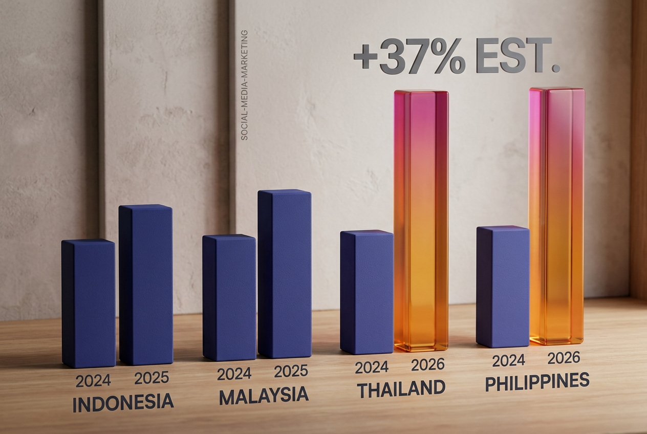 A 3D bar chart showing the growth of influencer marketing spend in SEA countries through 2026.