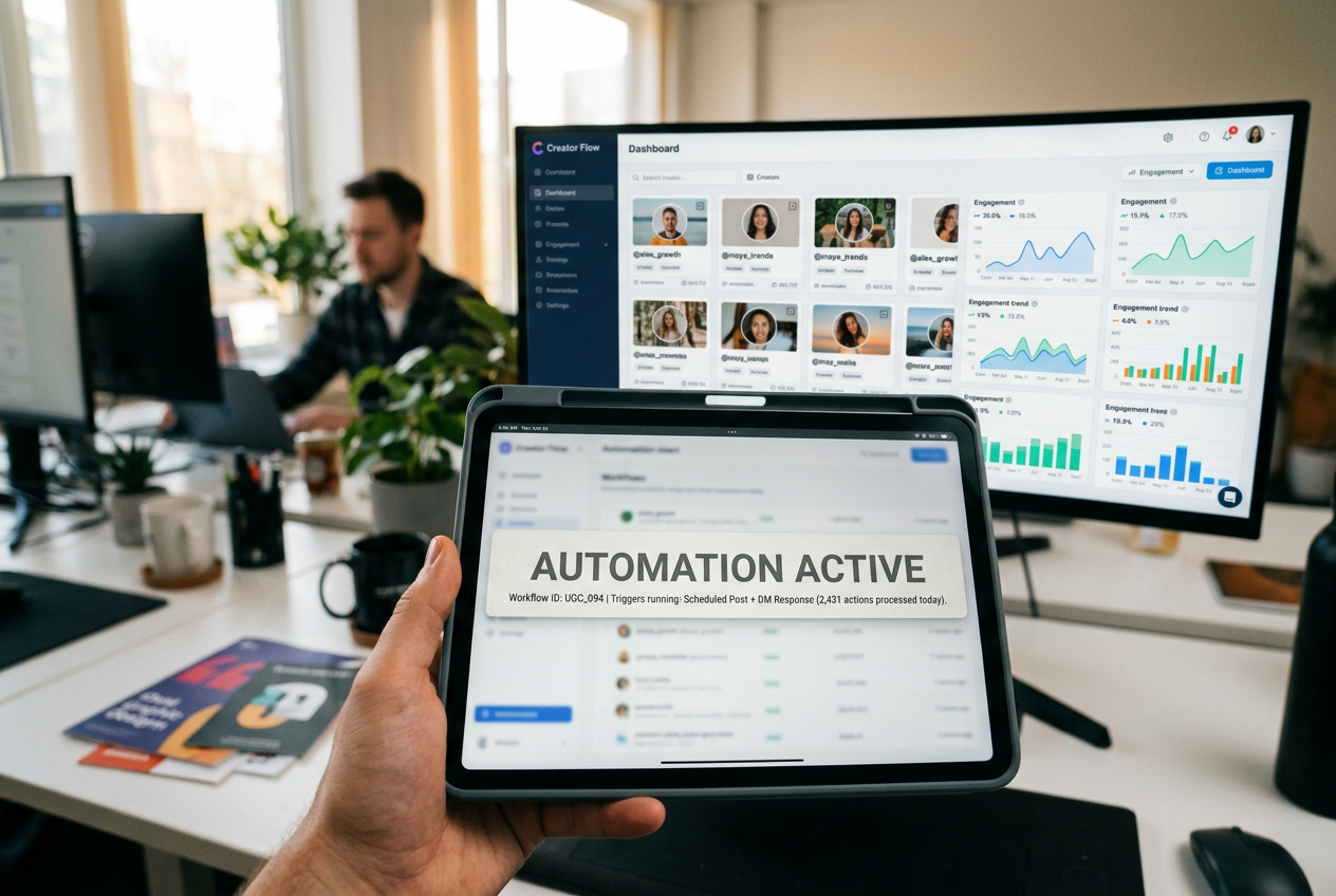 A marketing professional monitoring an automated creator recruitment dashboard in a modern office.