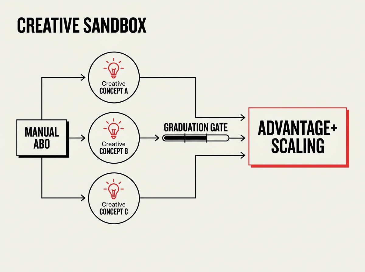 A diagram illustrating the hybrid ad testing process from manual testing to automated scaling.