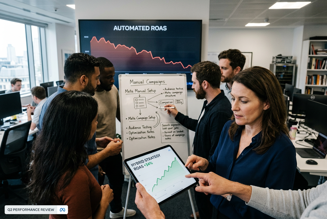 Marketing team analyzing performance data comparing automated and manual ad strategies.