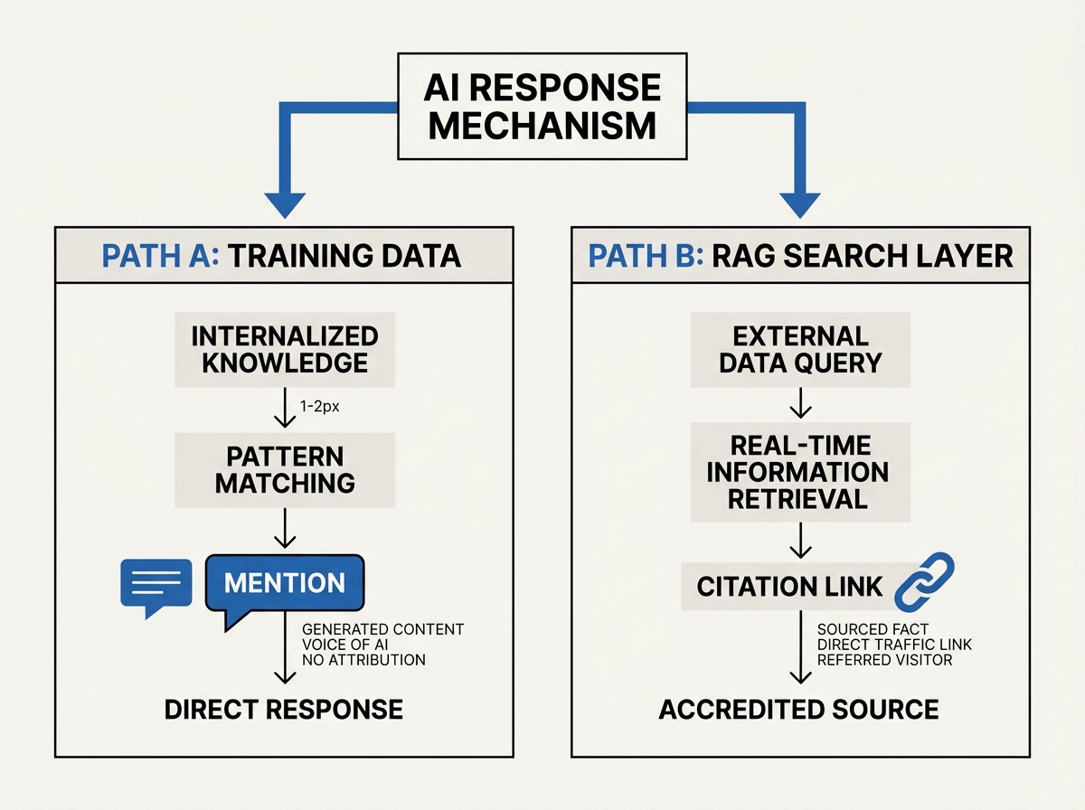 A diagram explaining the technical difference between LLM training data mentions and RAG-based citations.