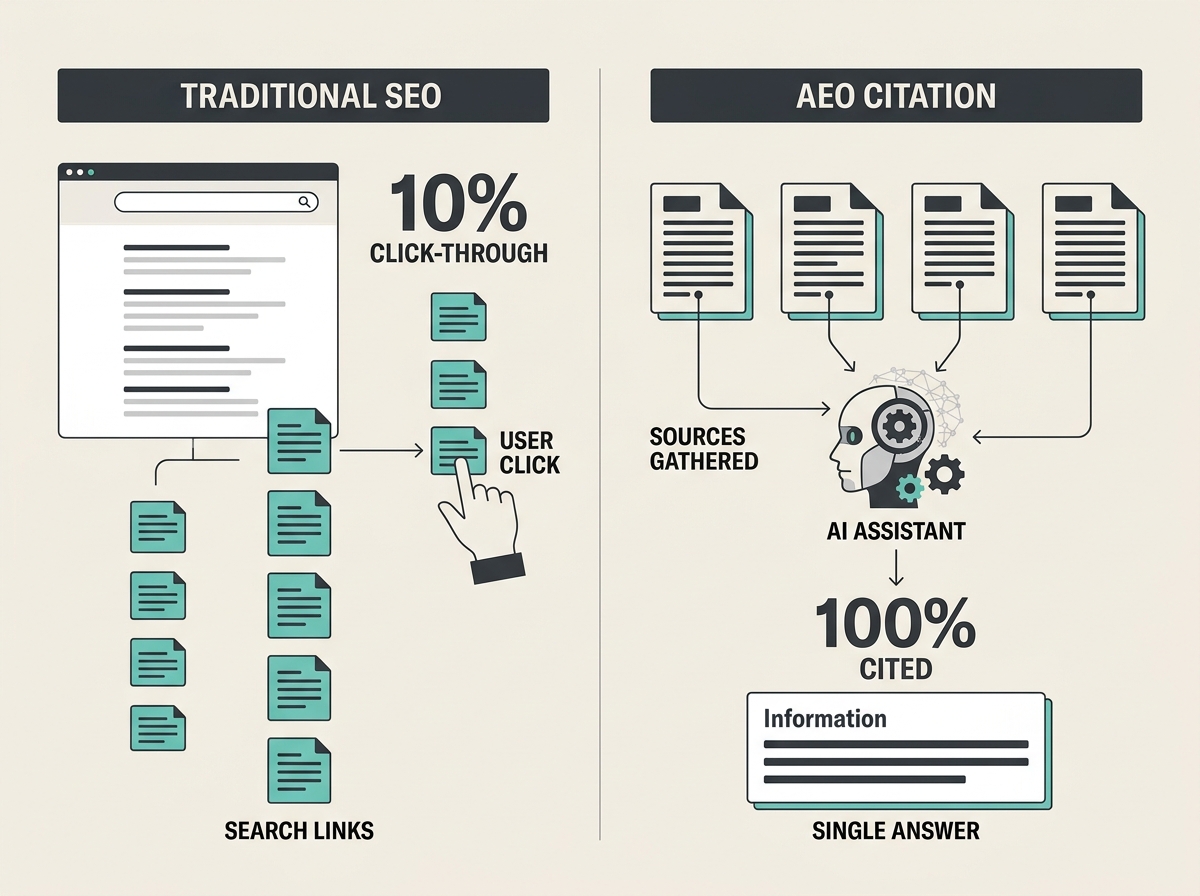 A diagram comparing the linear process of traditional SEO search with the multi-source synthesis process of AI Answer Engine Optimization.