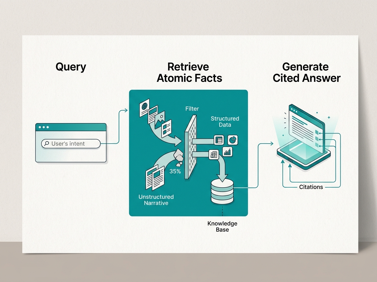 A diagram explaining how AI search engines filter content to find citable atomic facts.