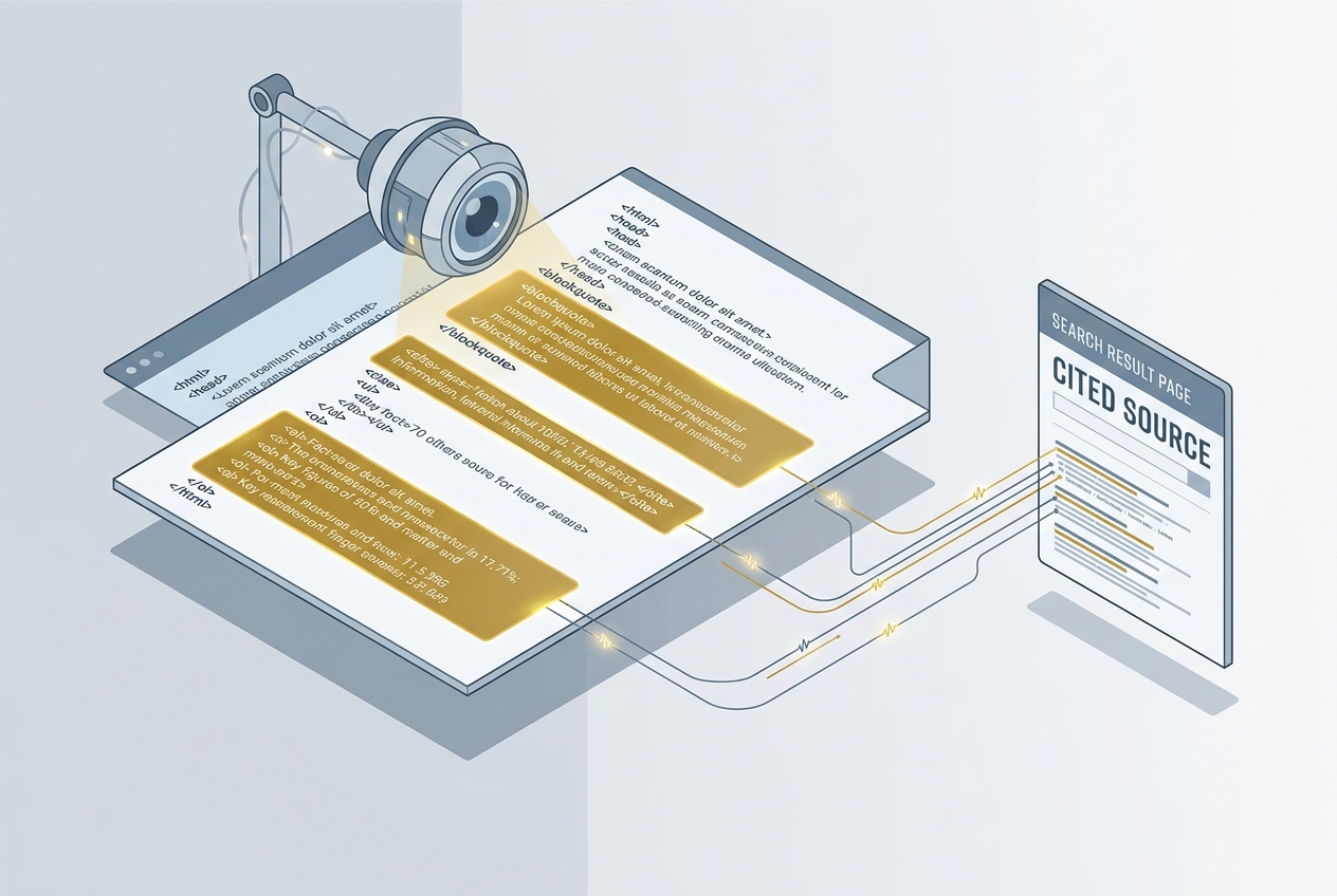 An illustration showing how LLMs identify and extract specific HTML elements to use as citations.