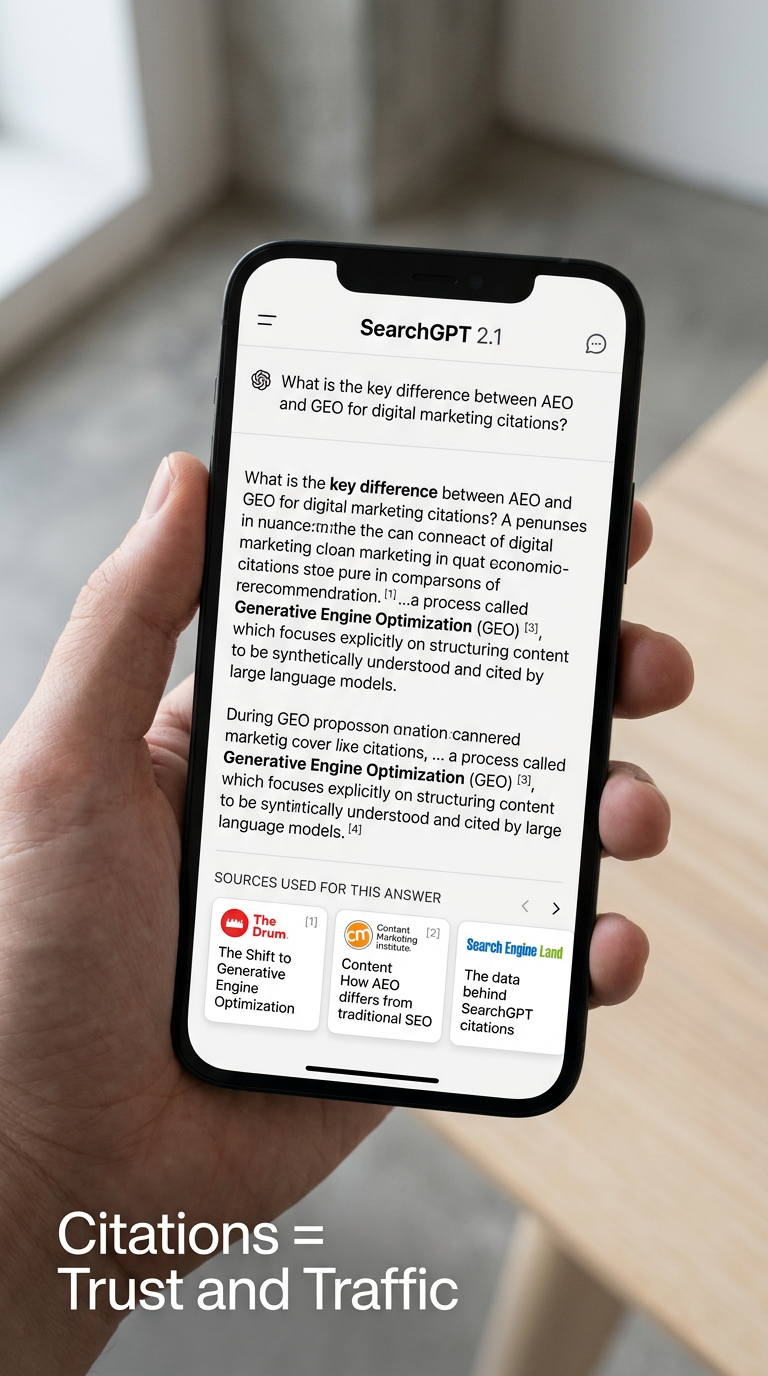 A mockup of a generative search engine interface showing how citations and sources are displayed to users.