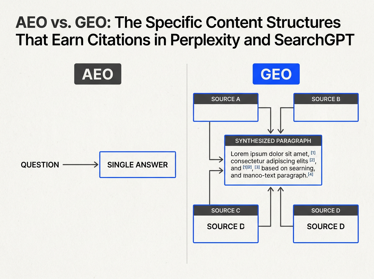 A diagram comparing the linear nature of Answer Engine Optimization with the multi-source synthesis of Generative Engine Optimization.