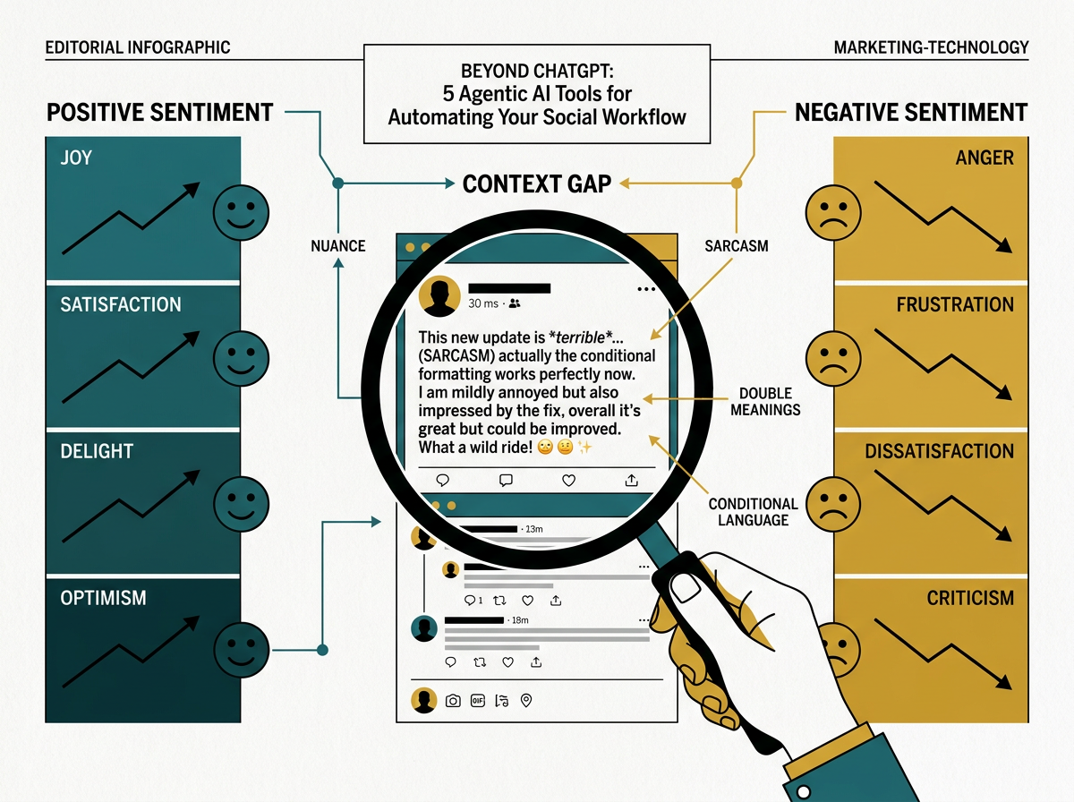 Infographic showing the spectrum of sentiment analysis and the difficulty AI has with context.