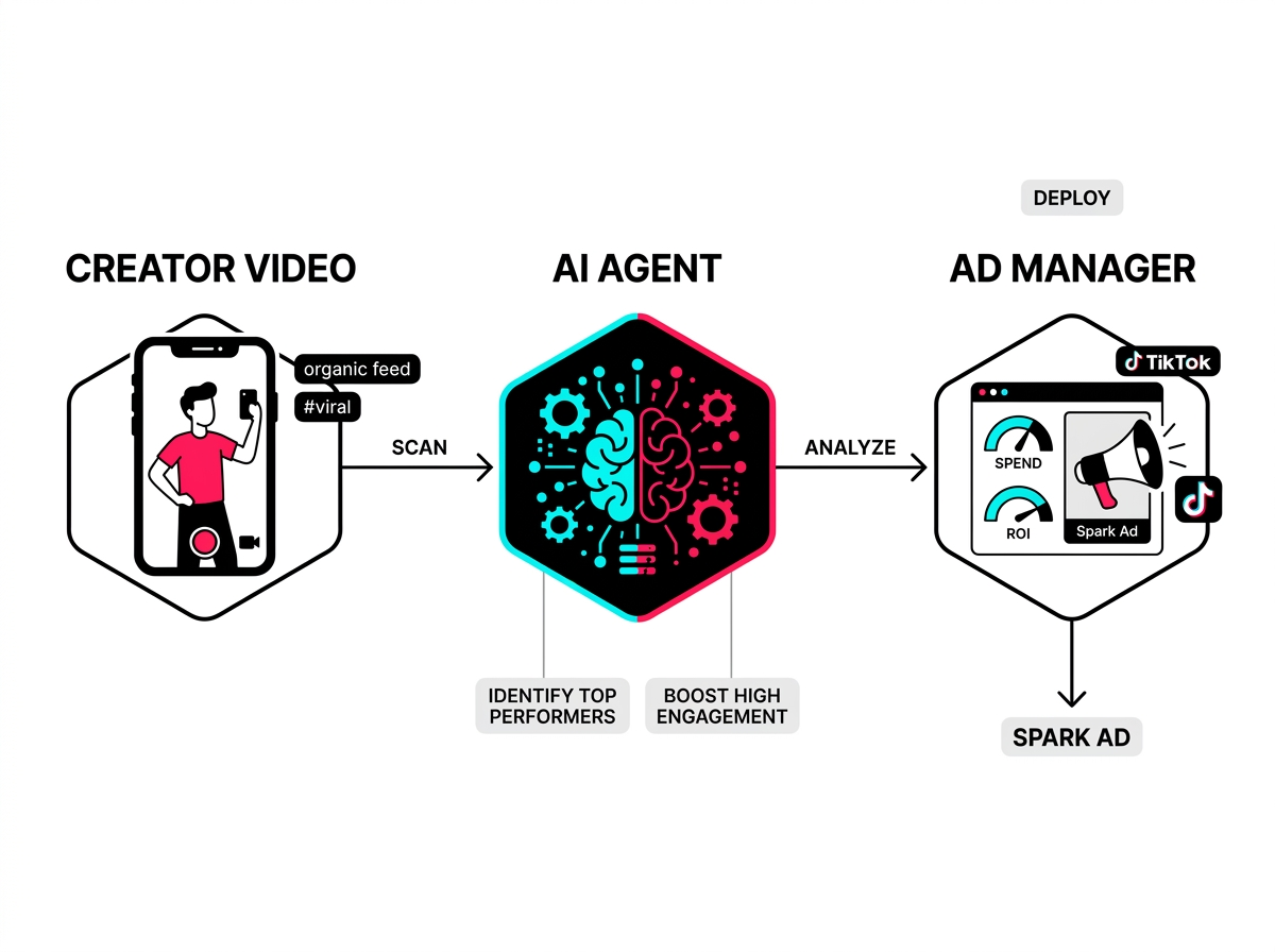 A flowchart showing how agentic AI automates the process of turning organic TikTok content into paid advertisements.