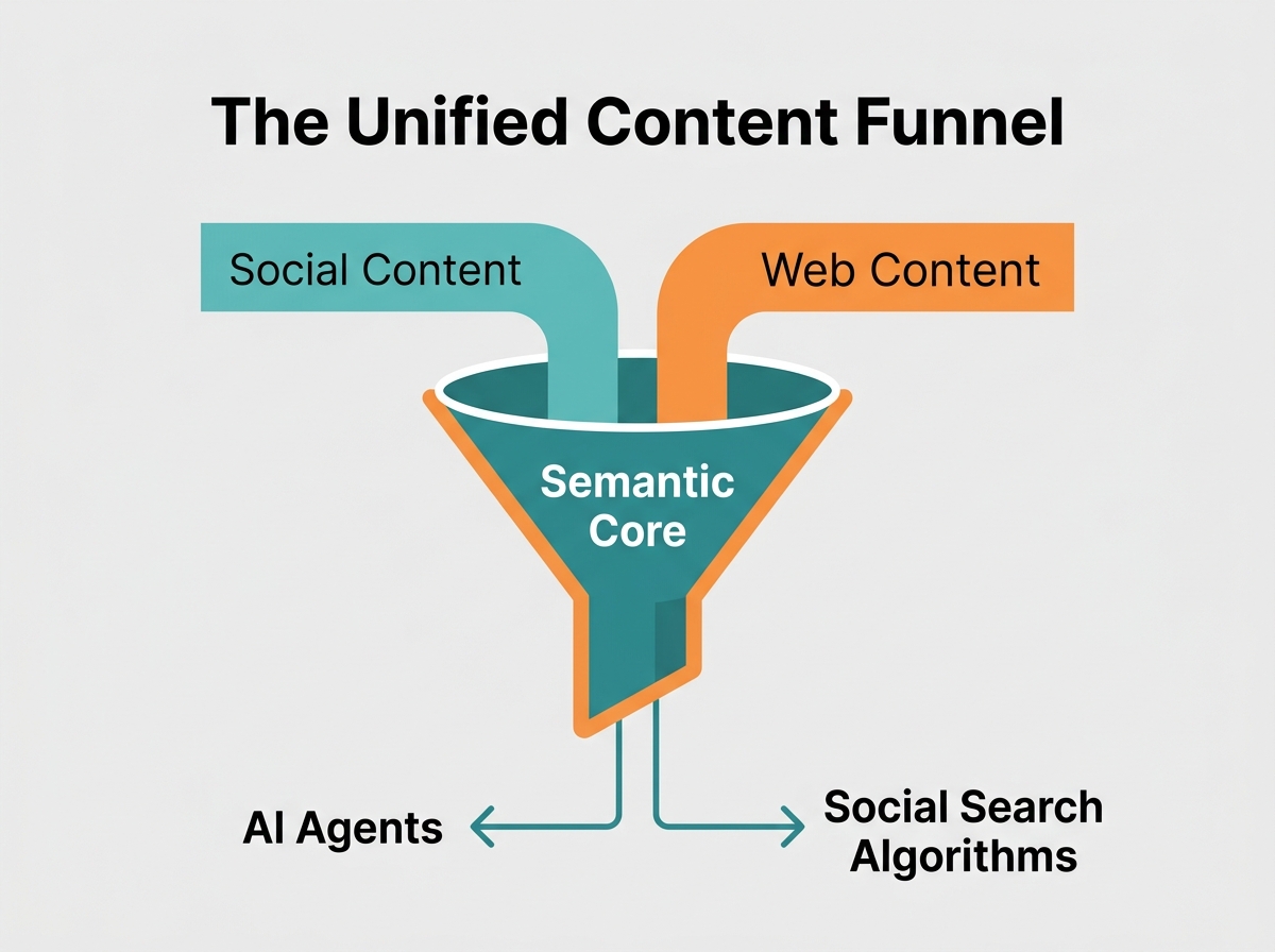An infographic showing how social and web content merge into a semantic core to feed AI and social search.