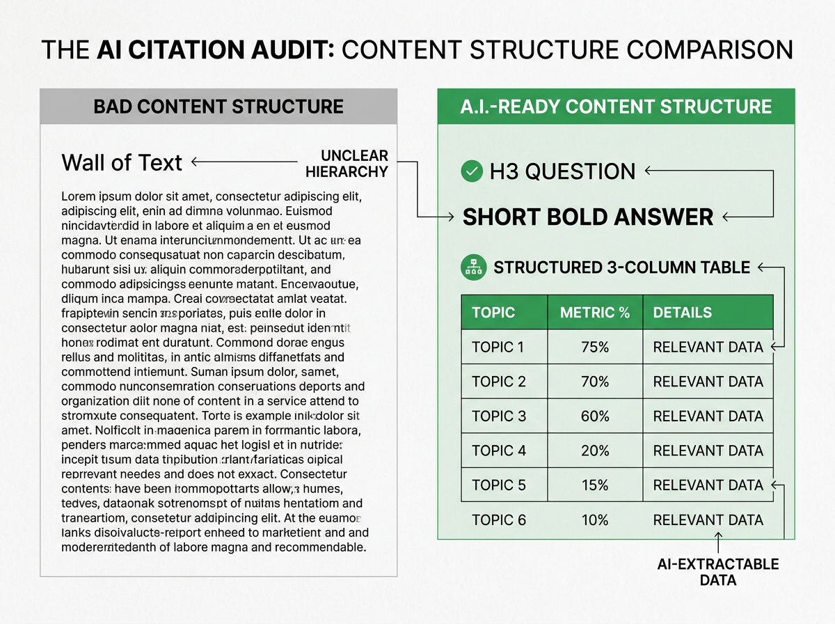 Comparison of traditional content vs content optimized for AI extraction.