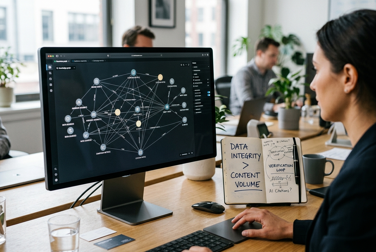A realistic photo of a marketer's workspace focusing on data integrity for AI optimization.
