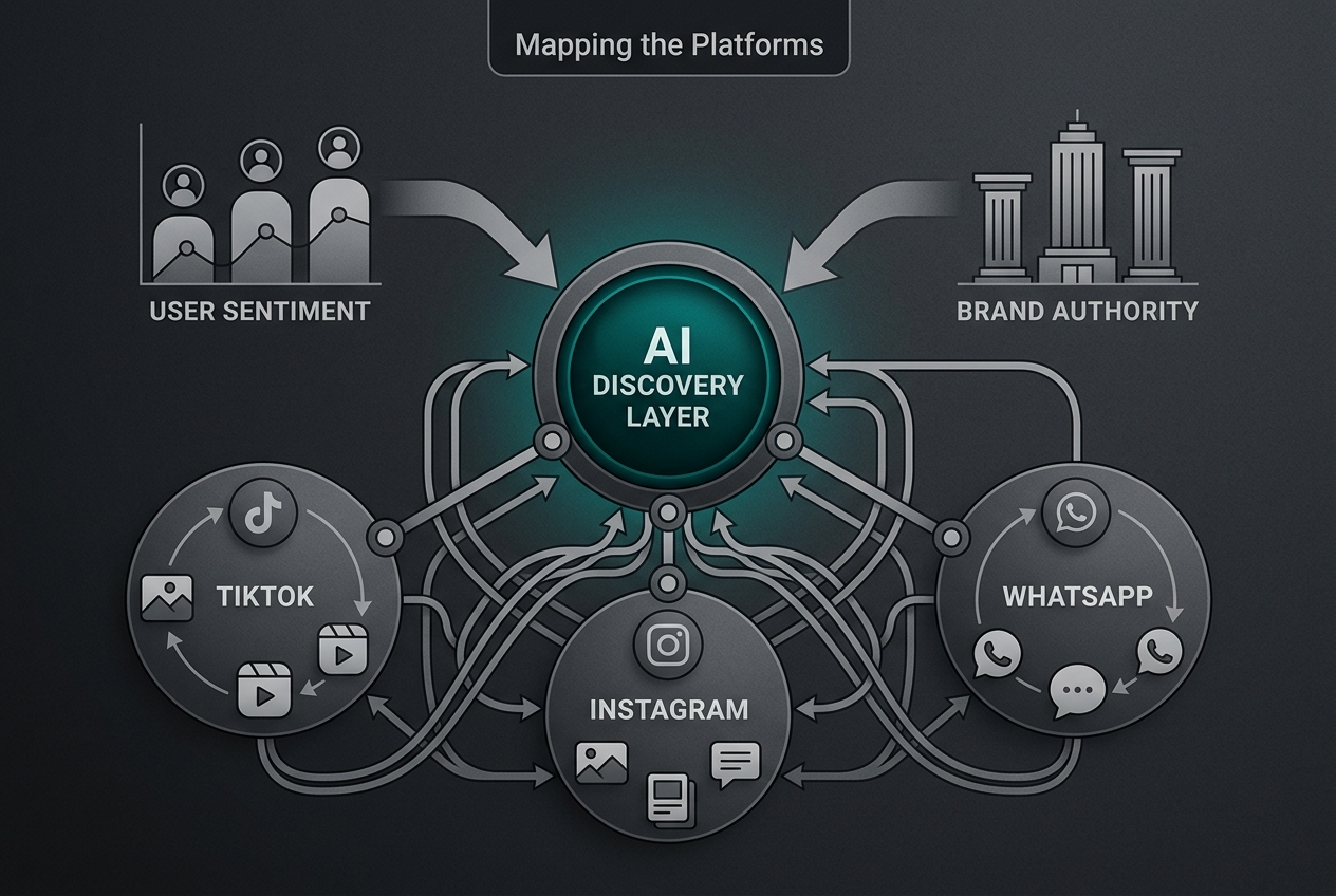 A diagram illustrating how social platforms feed into a central AI discovery layer for brand recommendations.