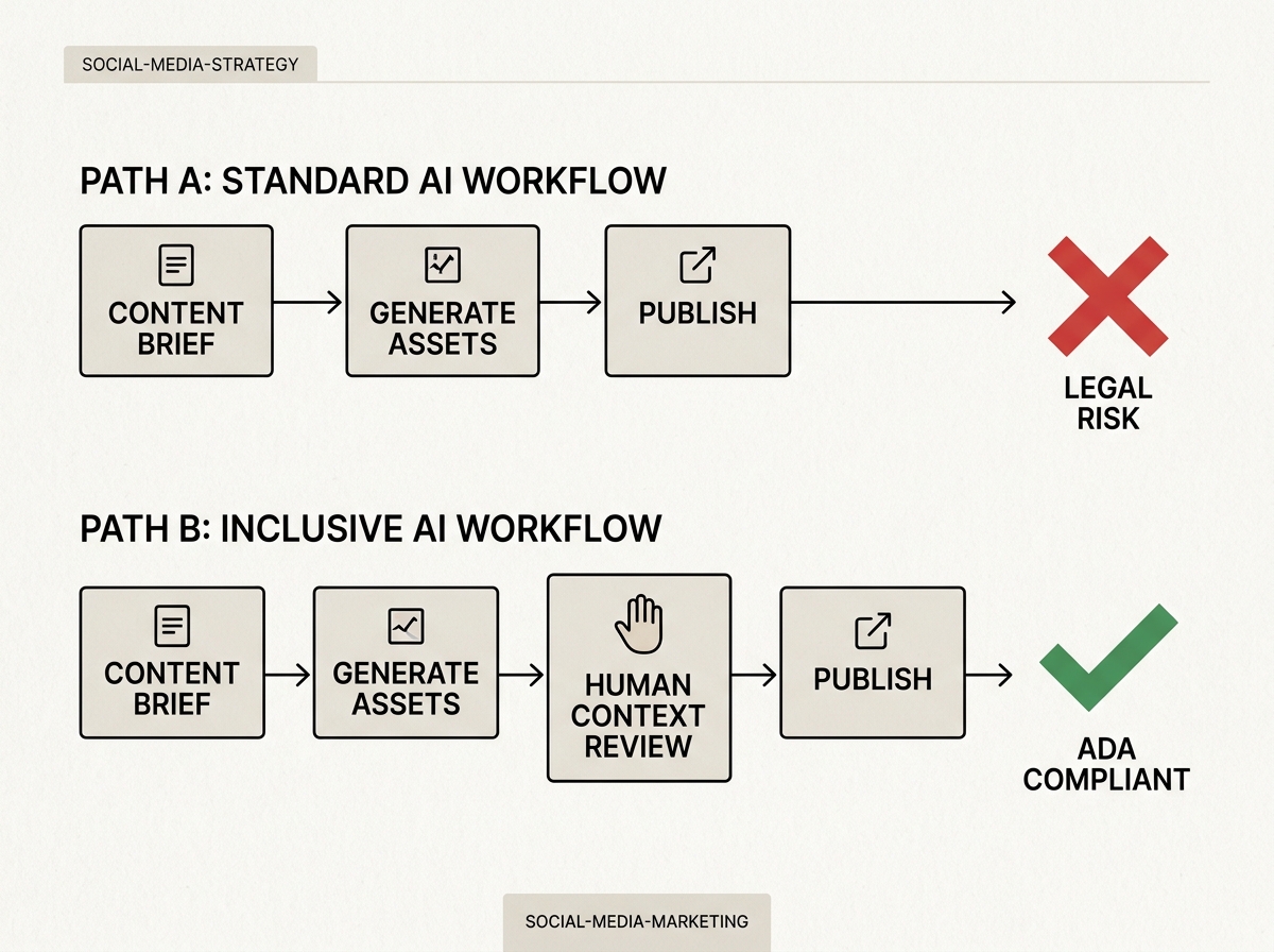 A flowchart comparing a standard AI workflow with an inclusive, human-reviewed workflow.