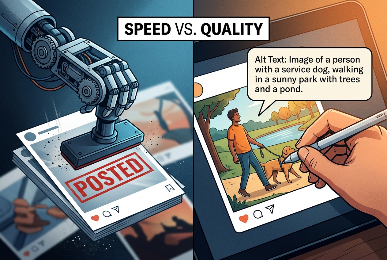 A split-screen visual showing the difference between uncurated AI output and human-refined content.