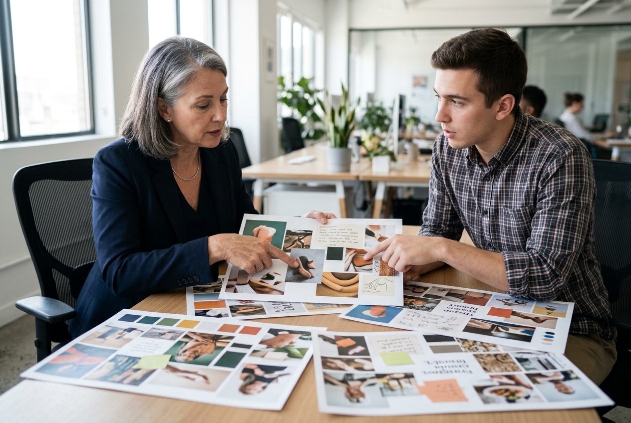A senior and junior marketer collaborating on brand strategy away from their computer screens.