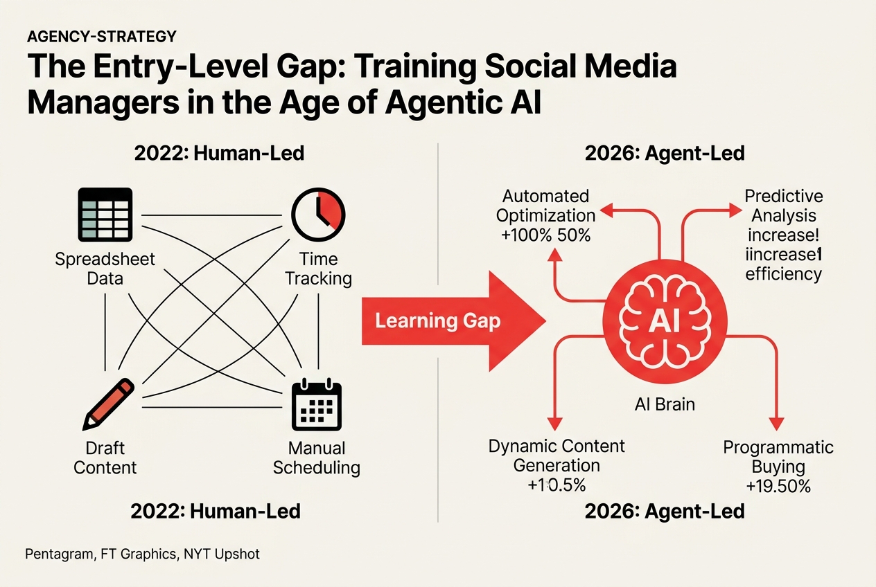 A diagram comparing the manual social media workflow of 2022 with the AI-automated workflow of 2026.