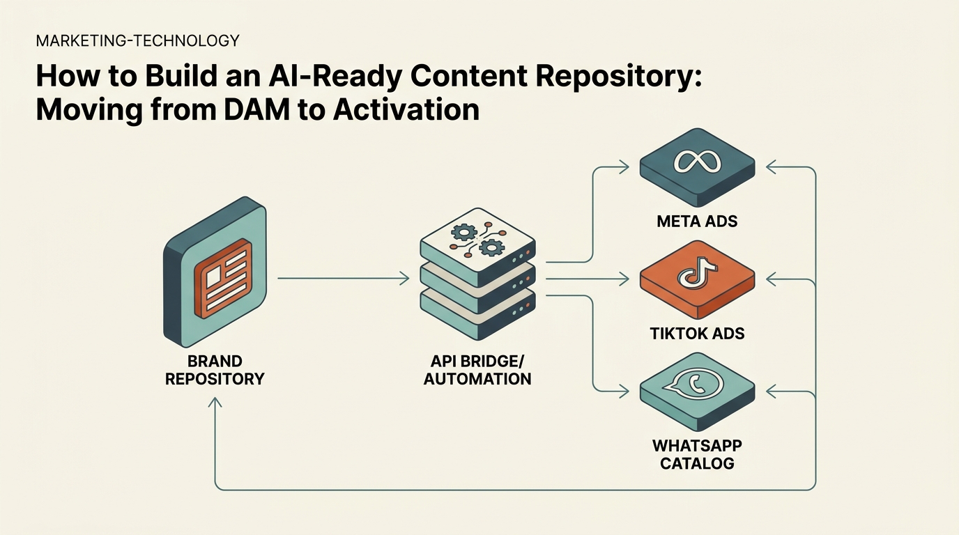 A flow chart showing how assets move automatically from a central repository to various social media ad platforms via API.