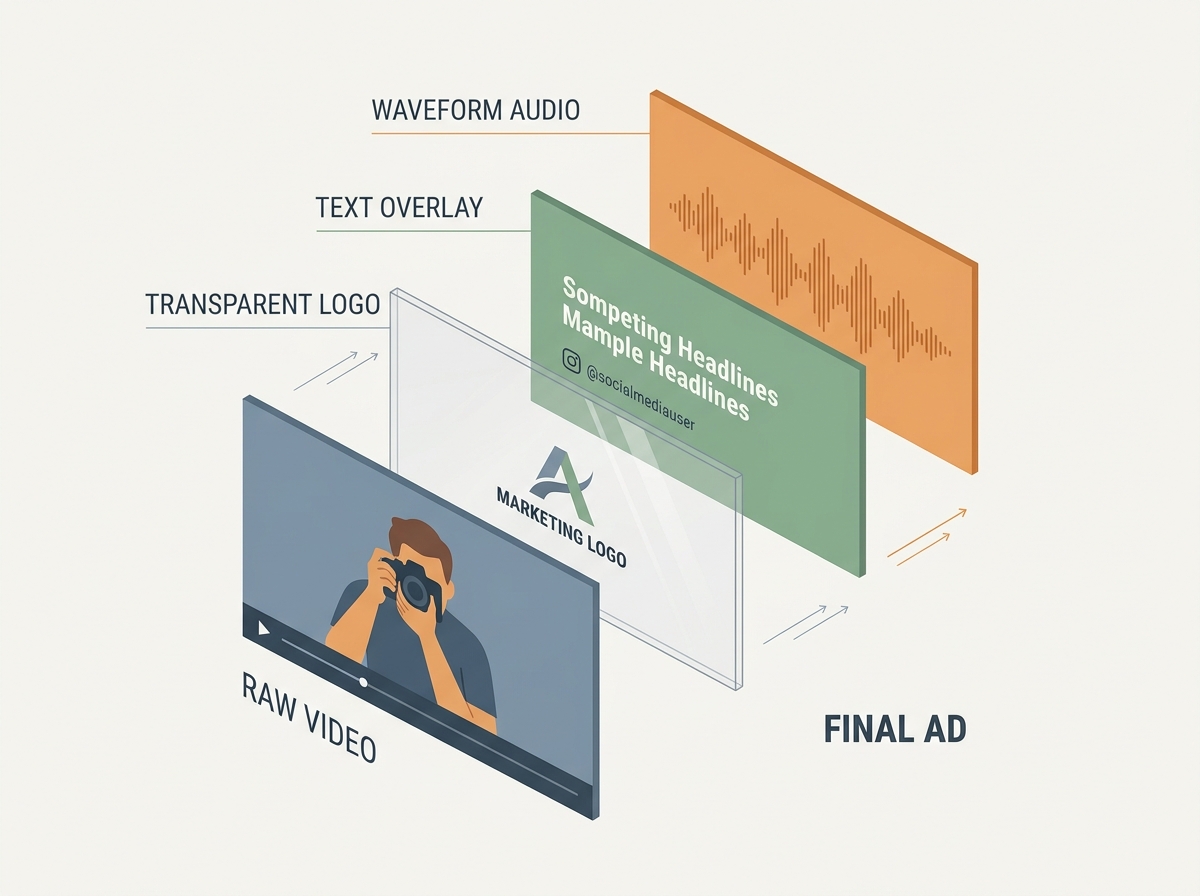 A diagram showing how a single video ad is deconstructed into its atomic components like raw footage, logos, and audio tracks.