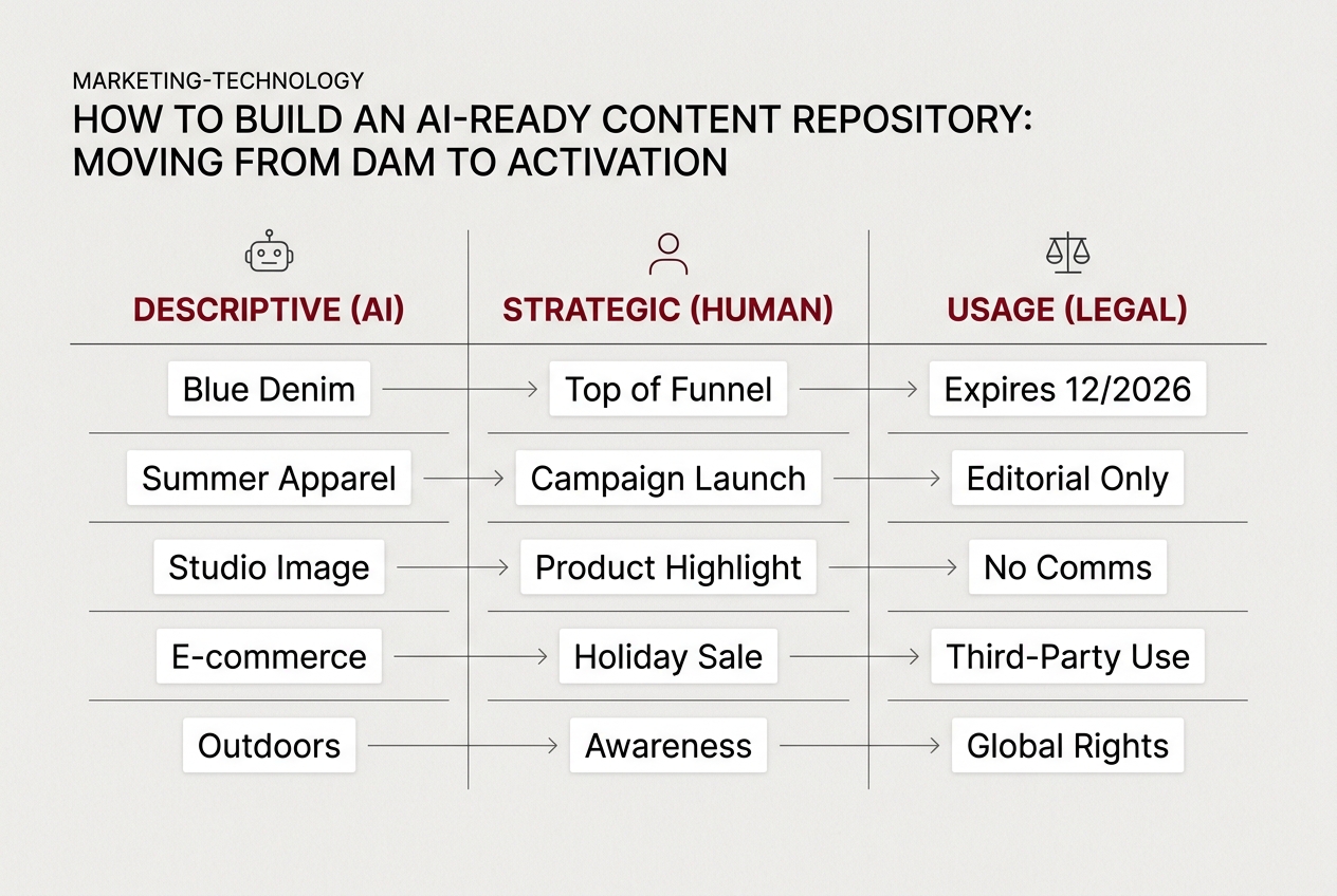 A table outlining the three essential categories of metadata for an AI-ready content repository: Descriptive, Strategic, and Usage.