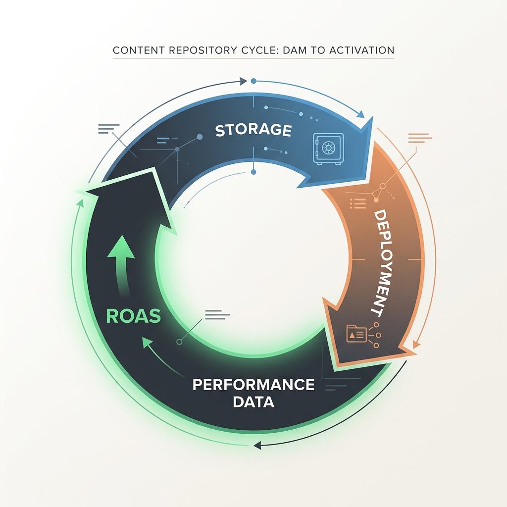 A circular diagram illustrating how performance data from ads is fed back into the asset repository to inform future creative decisions.