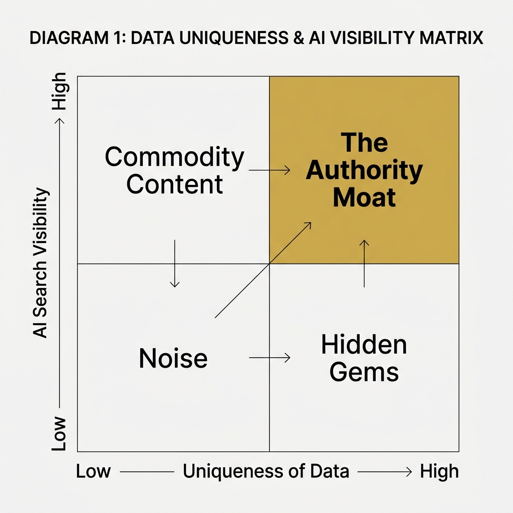 A matrix showing that high uniqueness of data leads to high AI search visibility.