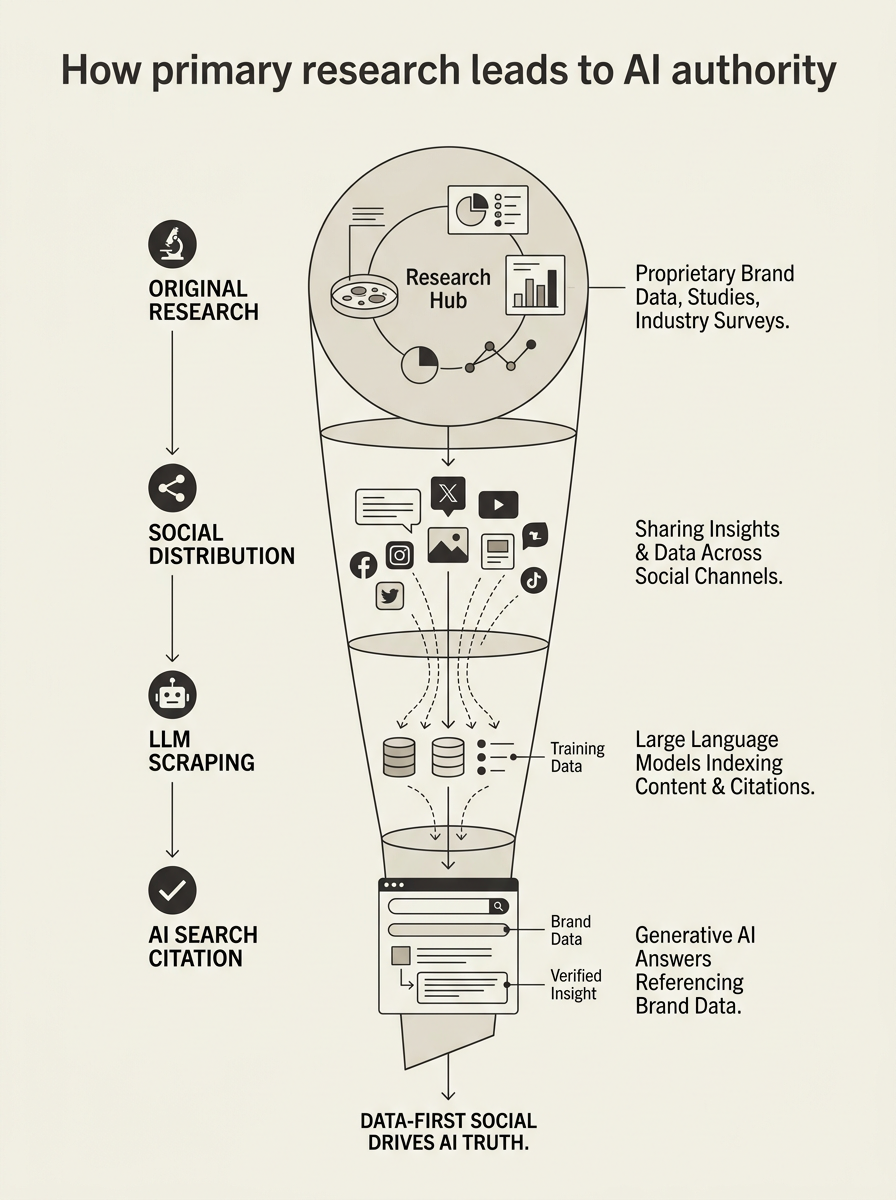 An infographic showing the funnel from original research to AI search citation.