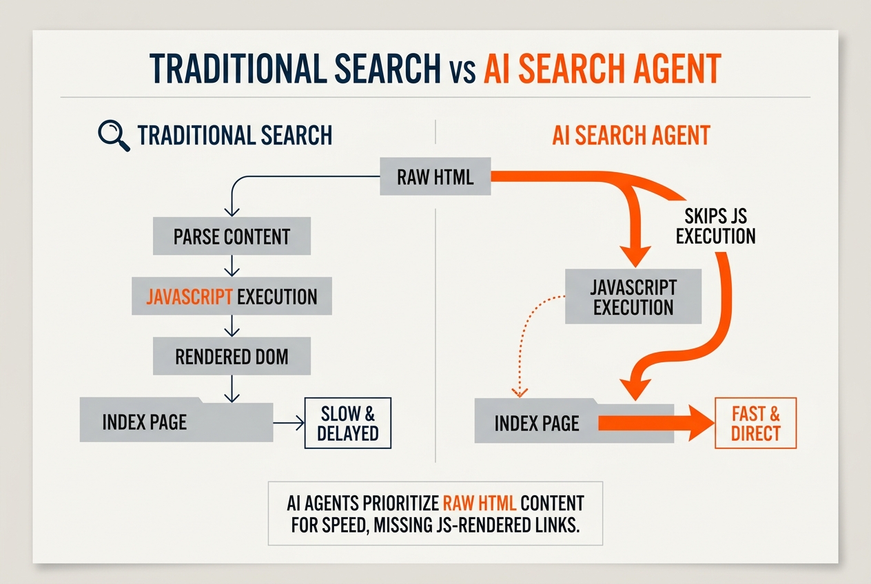 A diagram comparing how traditional search engines and AI agents crawl a website, highlighting that AI agents often skip the JavaScript rendering stage.
