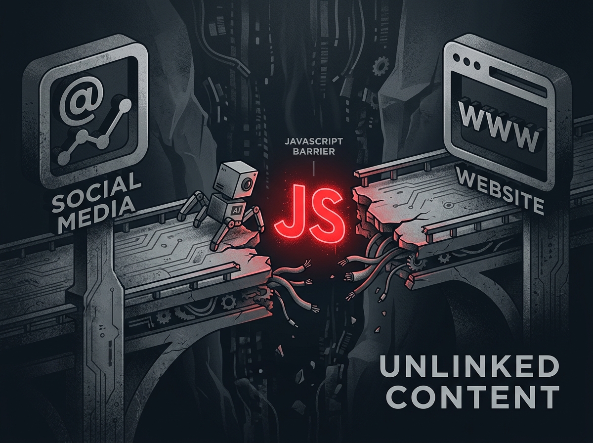 An illustration showing a broken path between social media and a website, symbolizing how JavaScript can block AI crawlers.