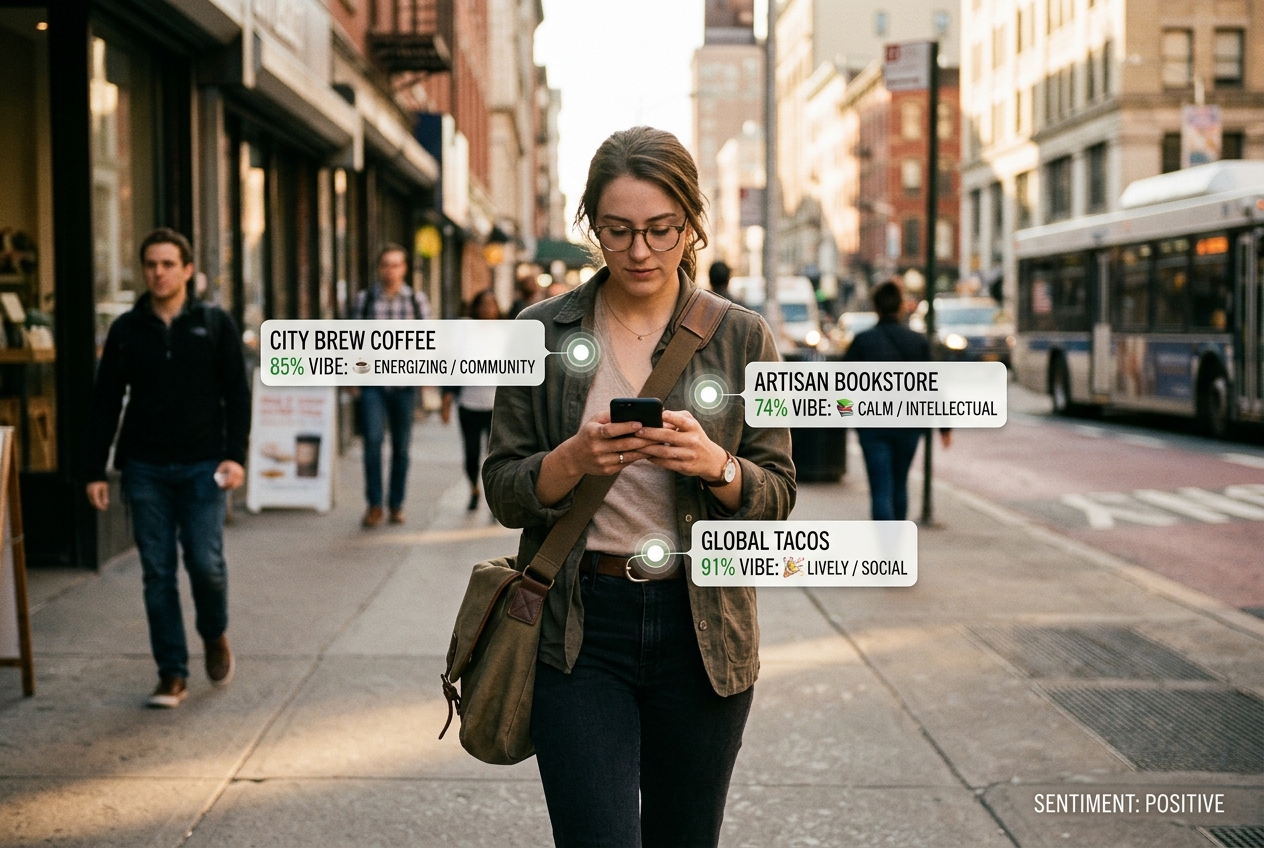 A person using a smartphone in a city environment, illustrating the future of AI-driven local discovery.