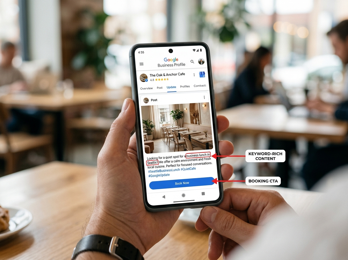A mobile mockup showing a Google Business Profile update optimized with natural language for AI search.