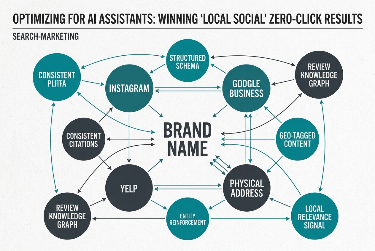 A diagram showing how different social and search platforms connect to form a brand's Knowledge Graph entity.