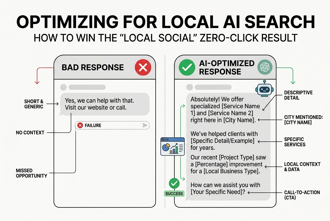 An infographic comparing a generic review response with one optimized for AI search signals.