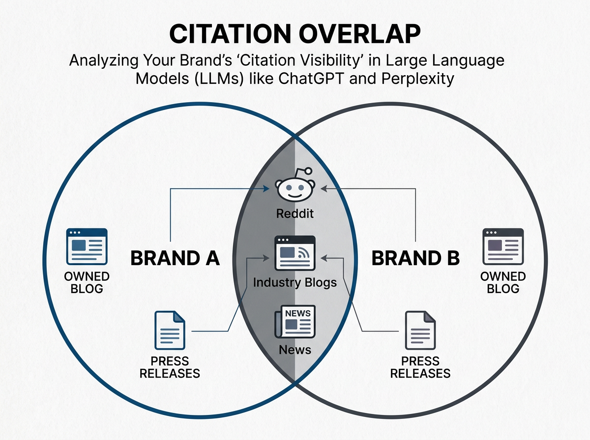 A Venn diagram showing the overlap between different brands and their citation sources in AI search.