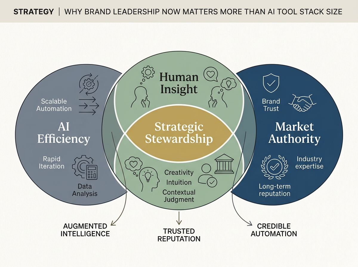A Venn diagram showing Strategic Stewardship as the intersection of AI efficiency, human insight, and market authority.