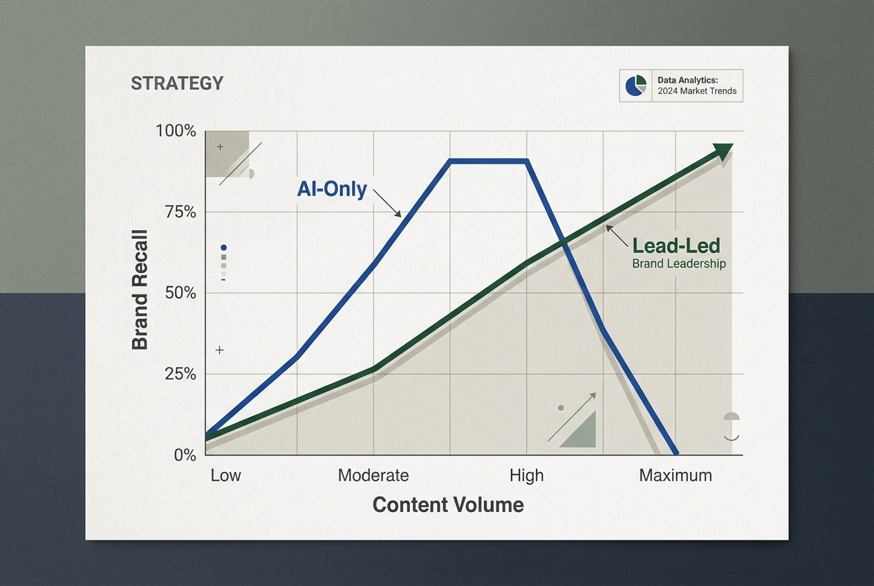 A graph showing that as AI content volume increases, brand recall eventually drops, whereas leadership-led content maintains growth.