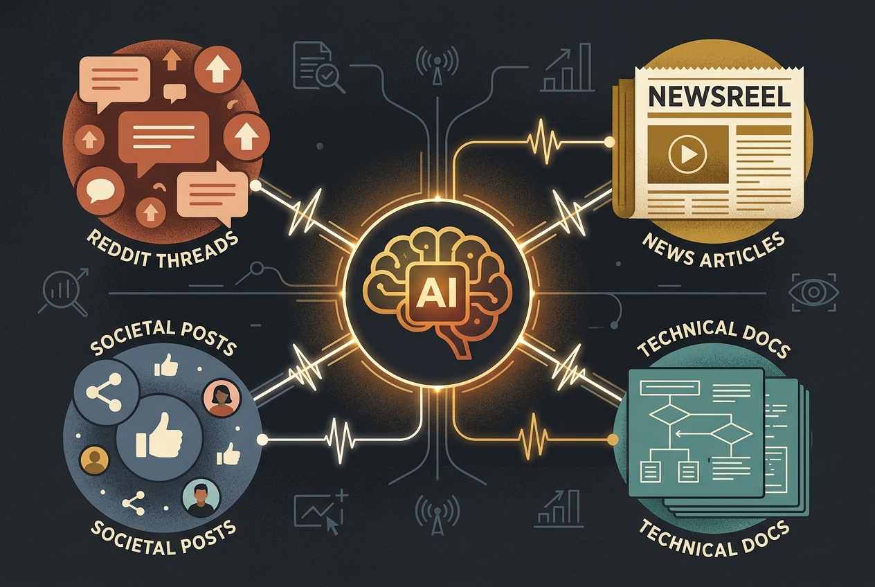 An illustration showing how different content sources like social media and news feed into an AI's knowledge base.