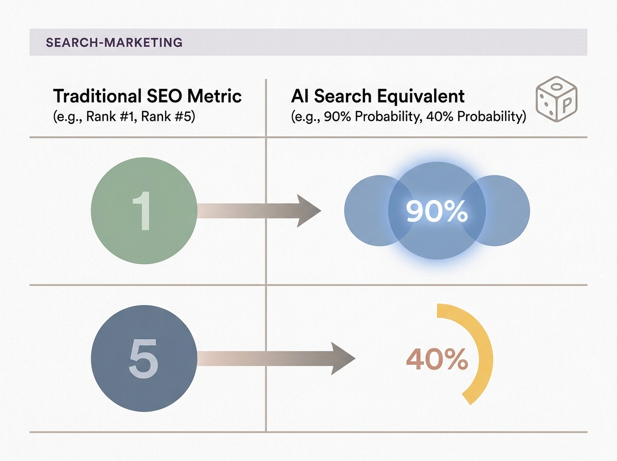 A table comparing traditional search ranking positions to the new 'Probability of Citation' metric for AI search.